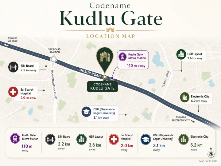 Location map showing Purva Kudlu Gate on Hosur Road, South Bengaluru